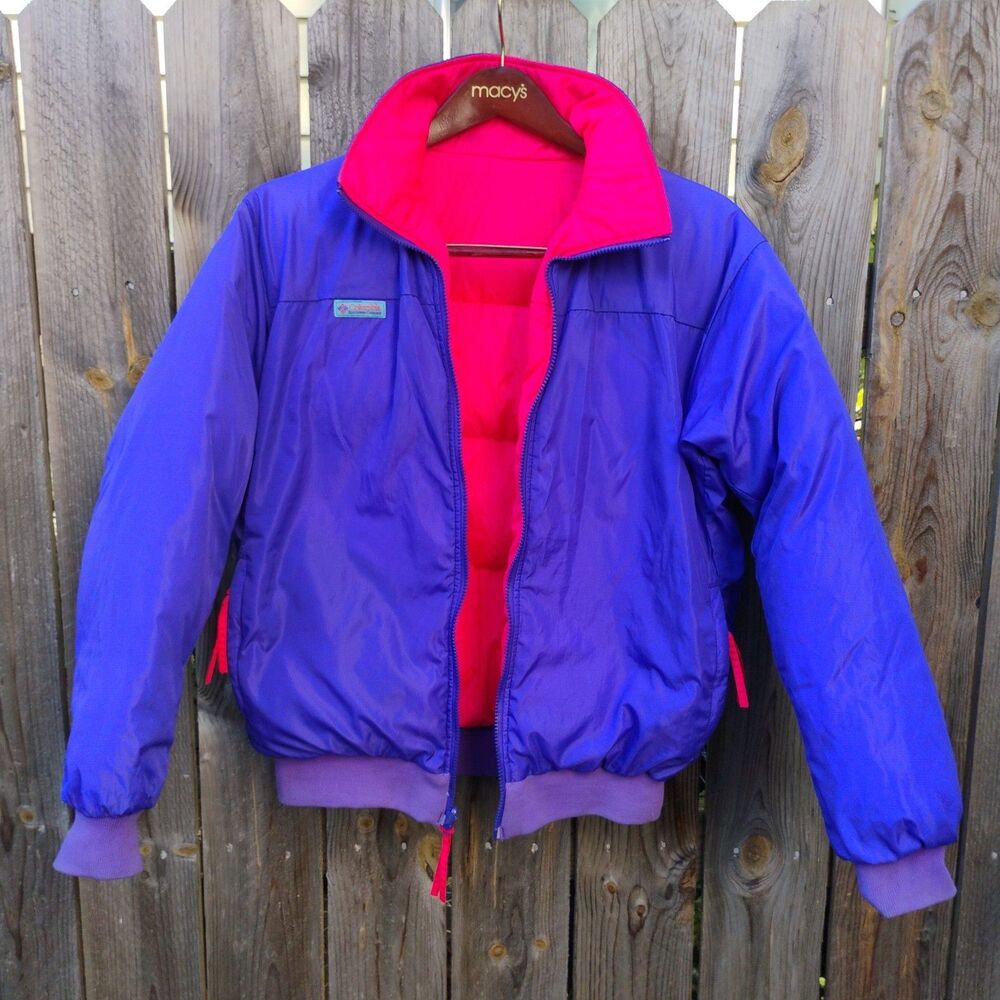 Vintage 90s Columbia Reversible Down Puffer Jacket Mens L Blurple Hot Pink Retro